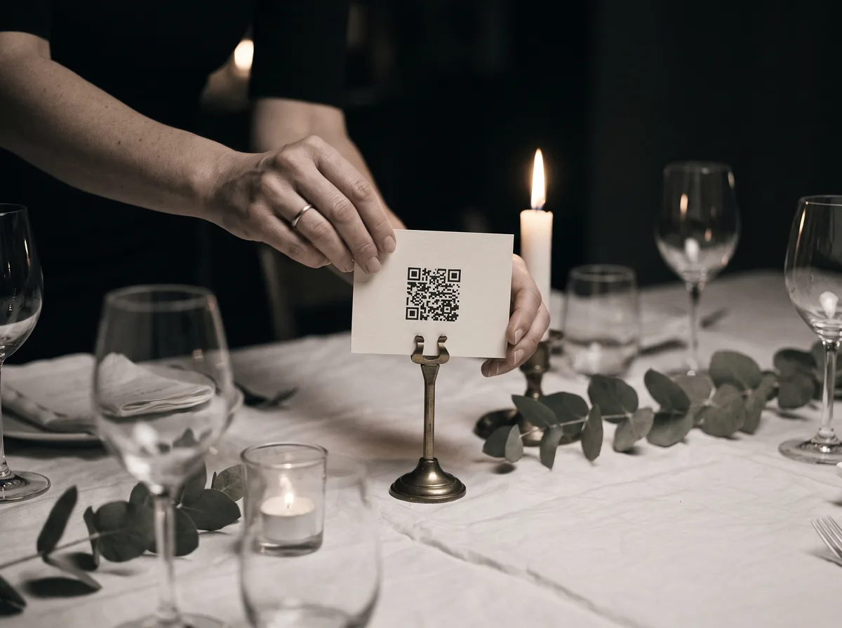Una mano apoyando en la mesa de un casamiento una tarjeta con un código QR, entre copas y velas.