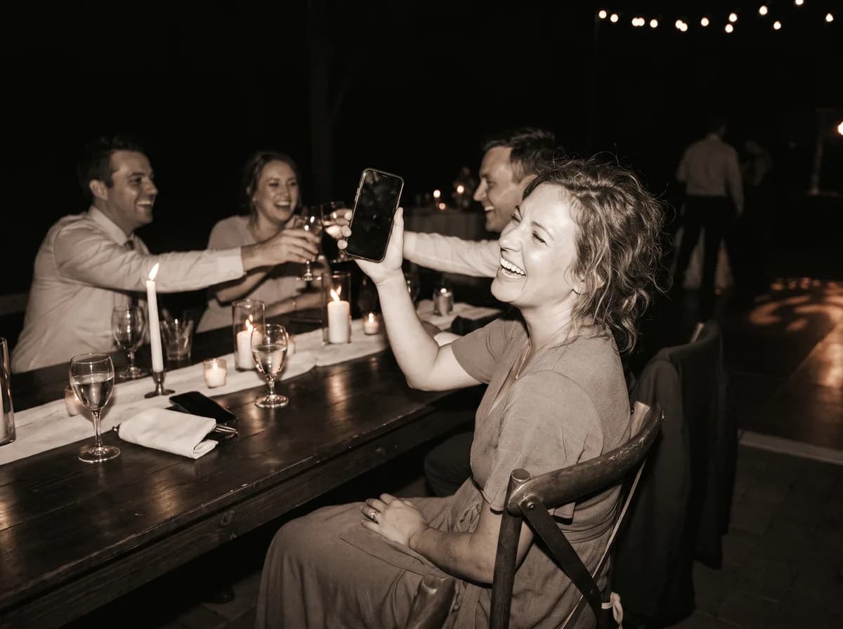 Una invitada levanta su celular para fotografiar a sus amigos brindando en la mesa, de noche.