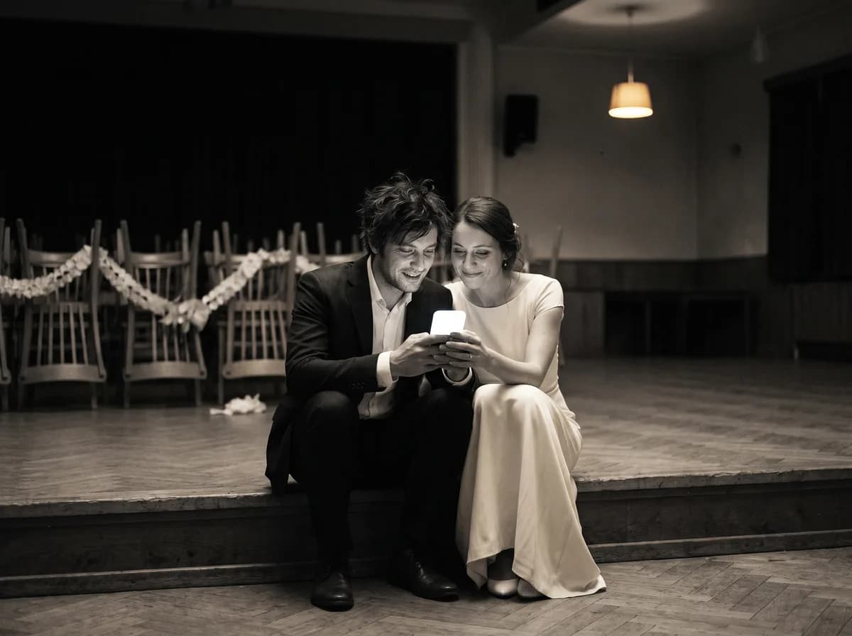 Los recién casados sentados al borde de la pista vacía al final de la noche, mirando juntos la pantalla del celular.
