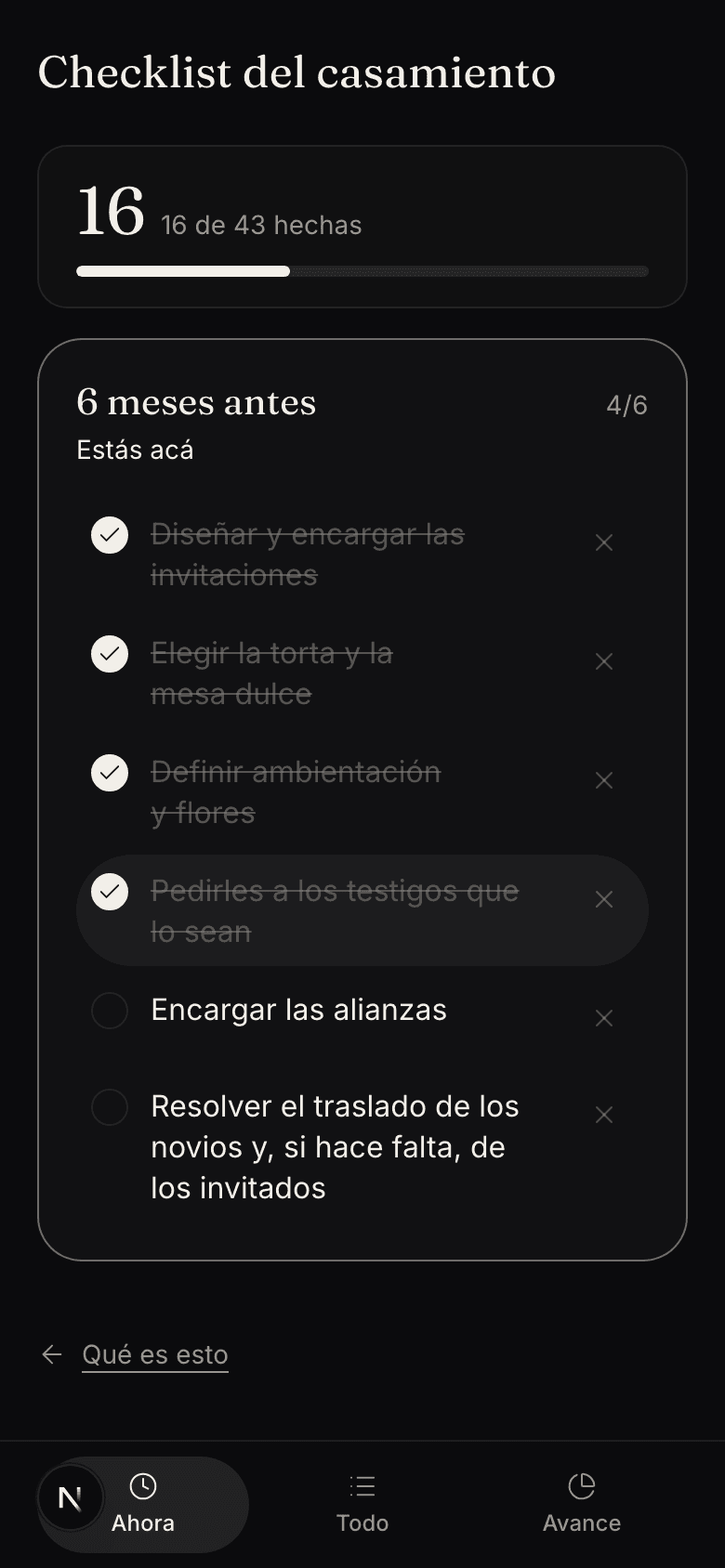 Pantalla del checklist con las tareas de cada etapa y el avance arriba