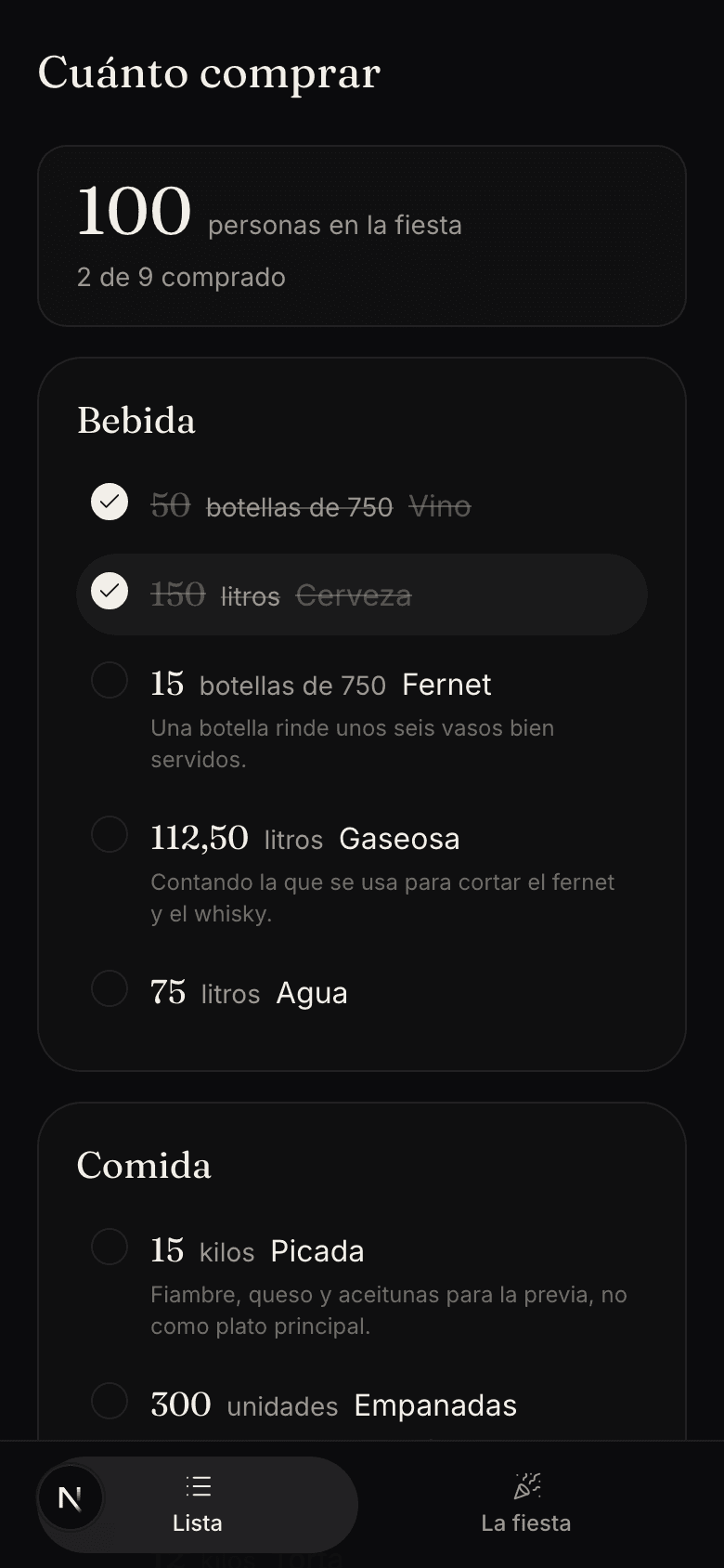 Pantalla de la calculadora con la lista de lo que hay que comprar
