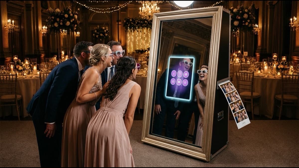 Invitados de un casamiento posando frente a un espejo mágico de fotos