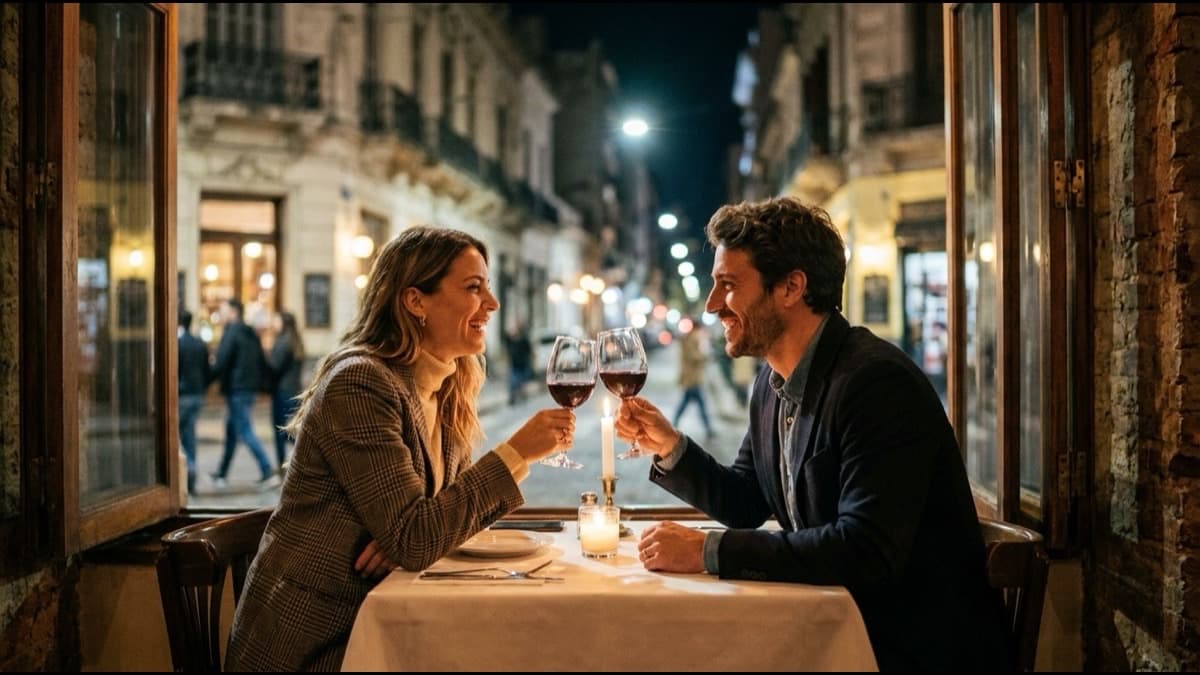 Pareja brindando con vino en un restaurante de Buenos Aires de noche