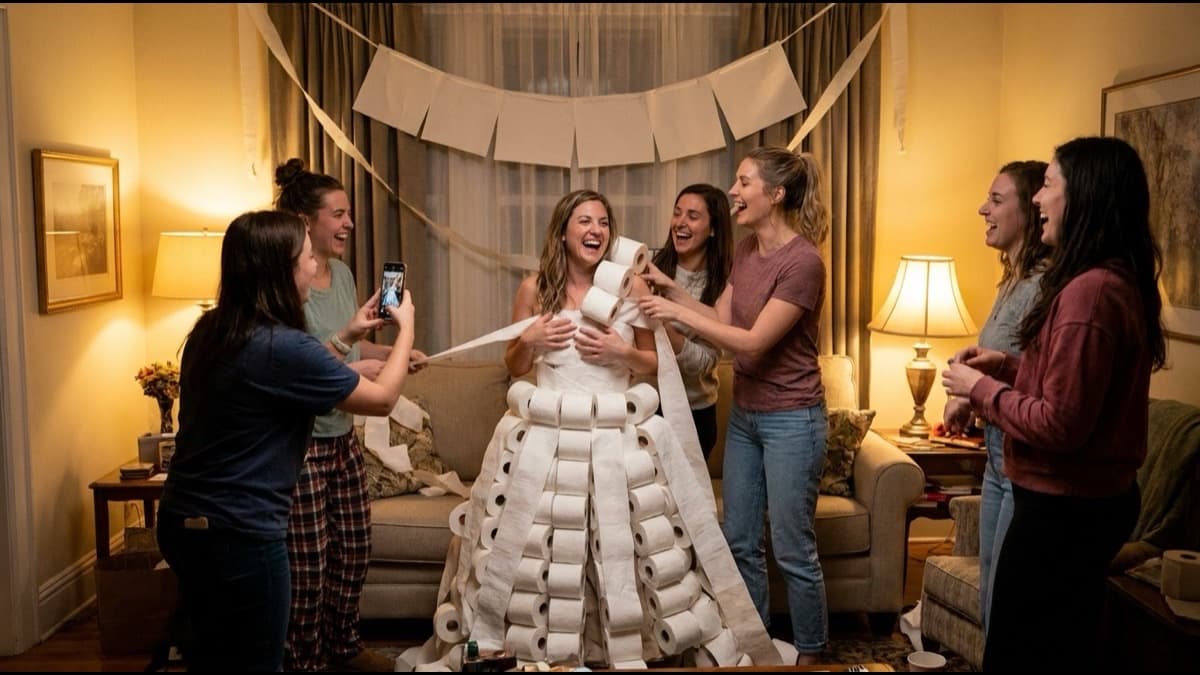 Amigas vistiendo a la novia con papel higiénico en una despedida de soltera