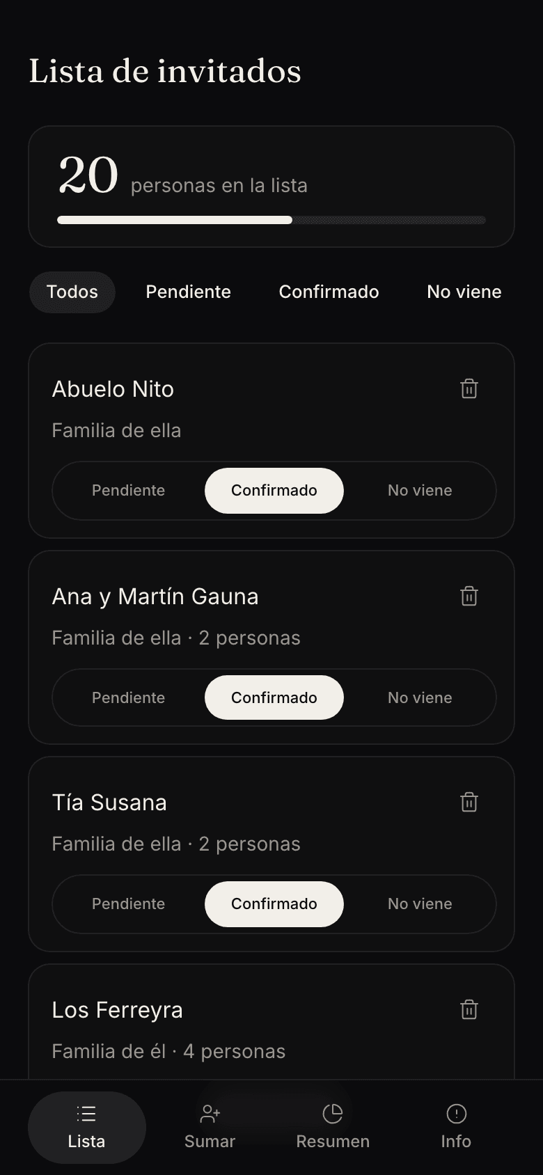 Pantalla de la lista de invitados con el estado de cada uno
