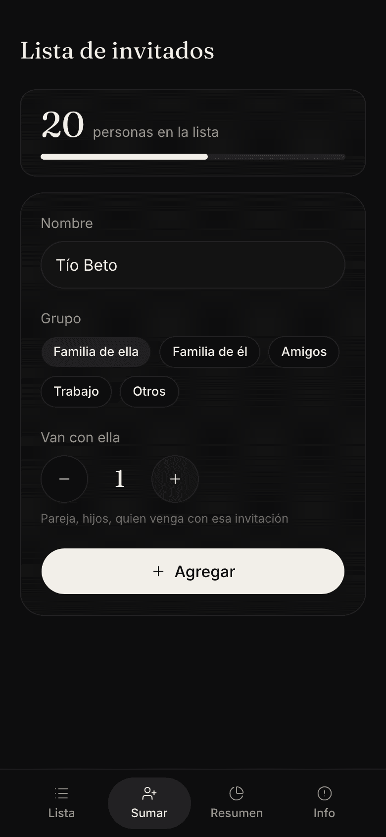 Pantalla para sumar un invitado con nombre, grupo y acompañantes