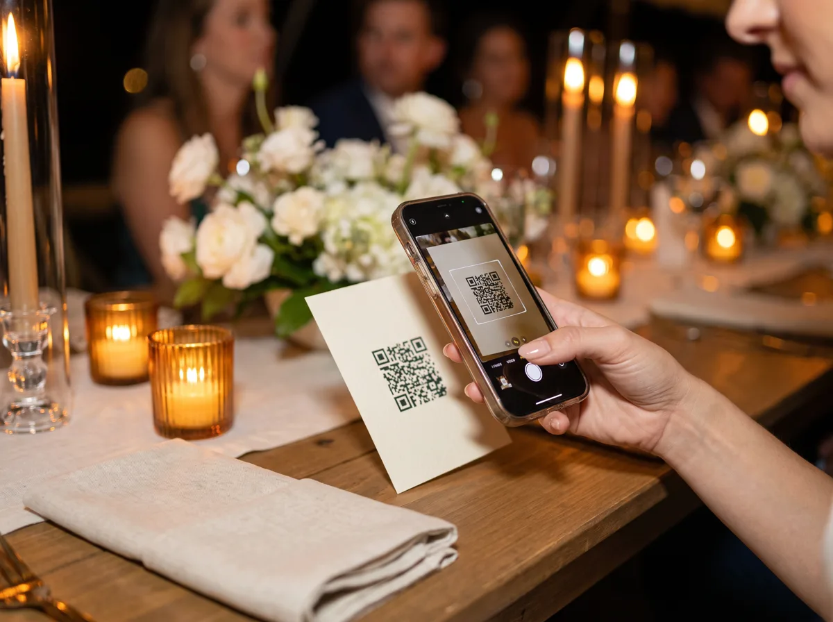 Una invitada escanea con su celular la tarjeta con el QR apoyada en la mesa del casamiento, entre velas y flores.