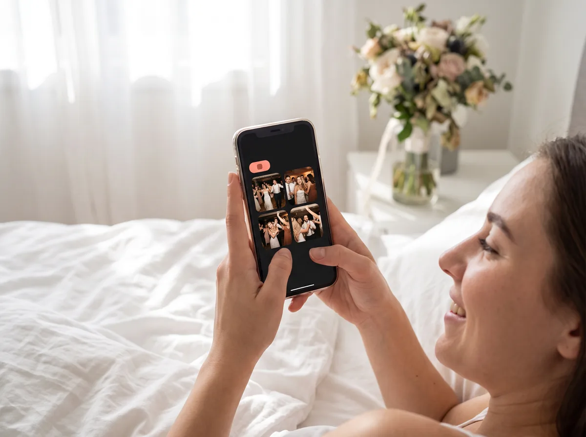 Una recién casada mira en la cama, a la mañana siguiente, el álbum con las fotos que sacaron sus invitados.