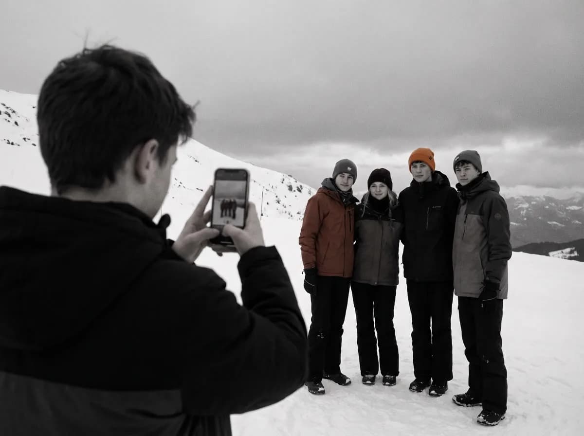 Un chico levanta su celular para fotografiar a sus compañeros en la nieve, en la ladera de un cerro.