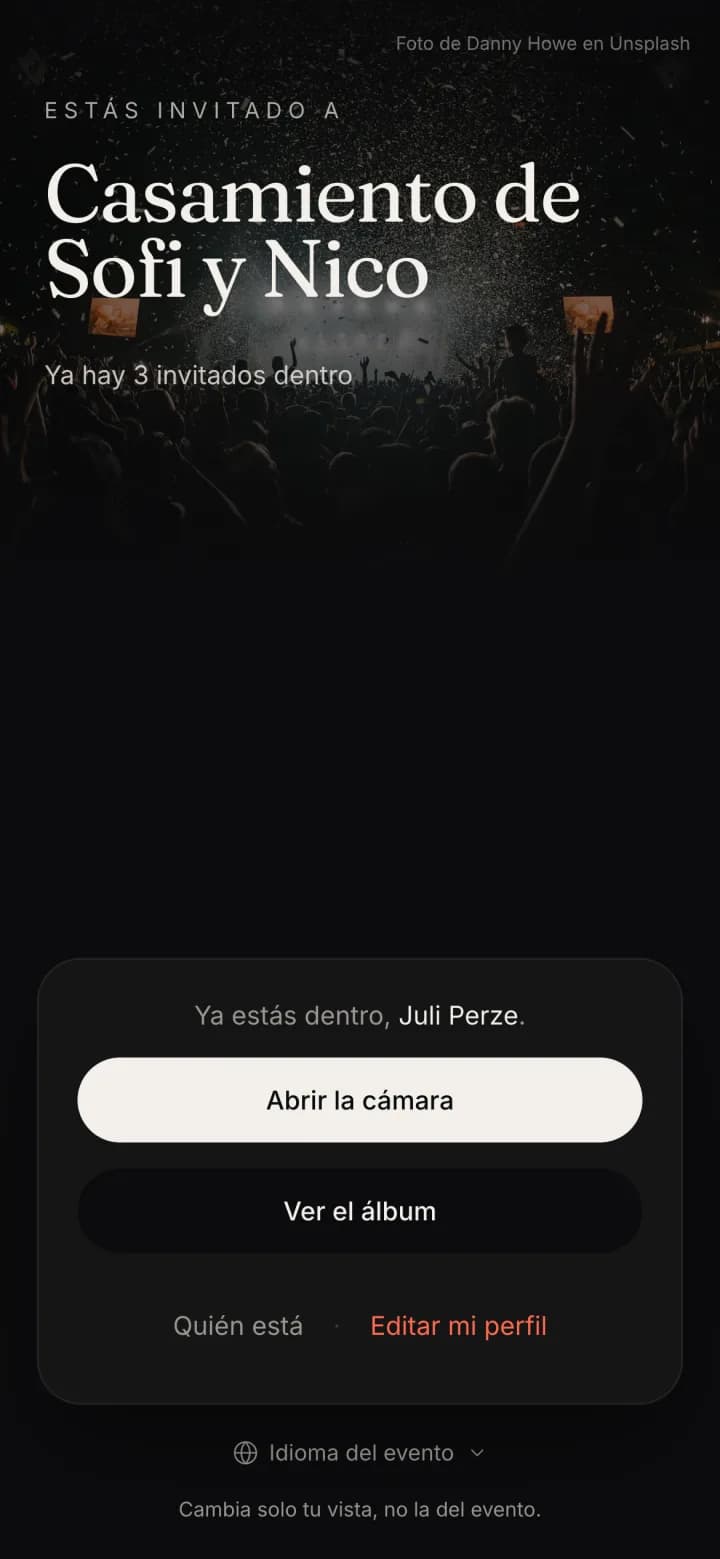La portada del evento con el link Editar mi perfil
