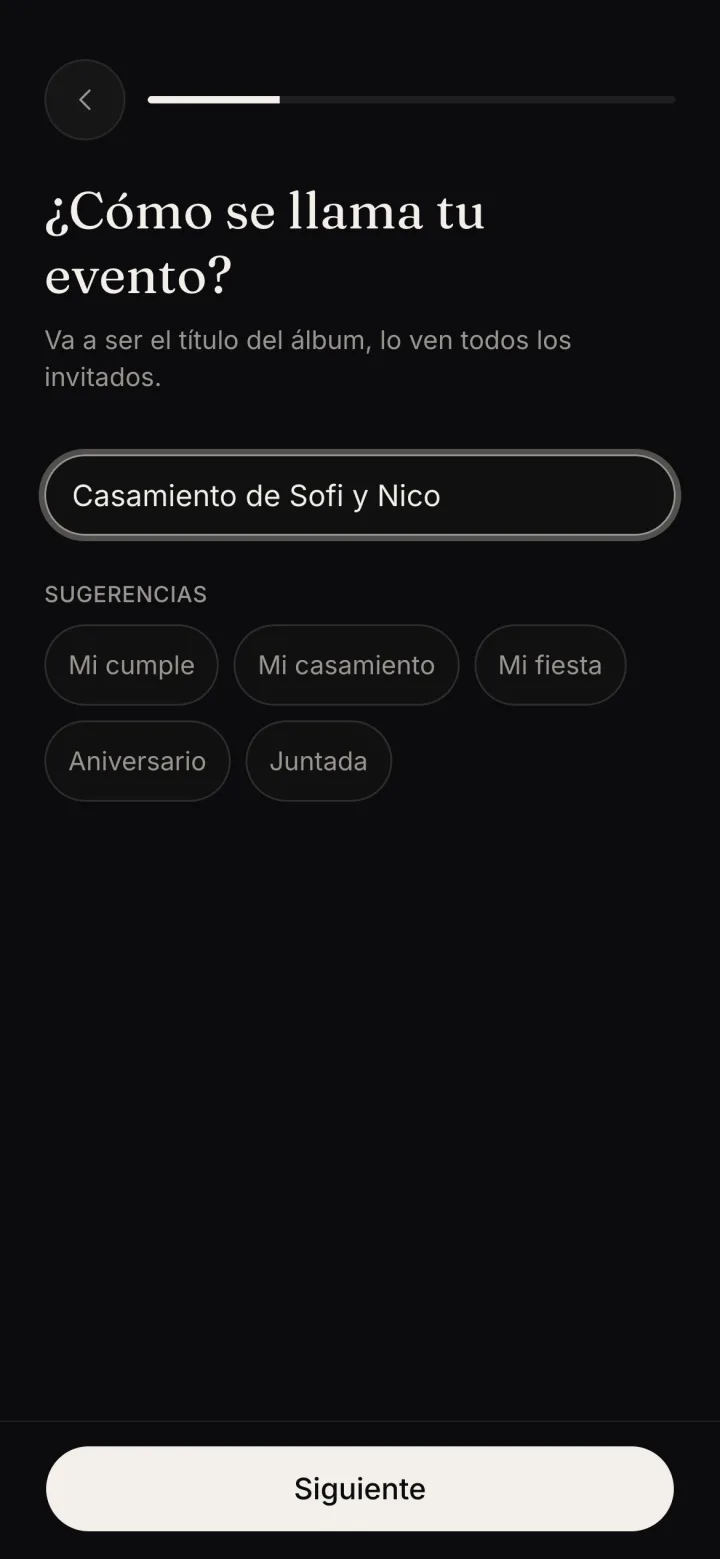 La pregunta Cómo se llama tu evento, con el nombre escrito