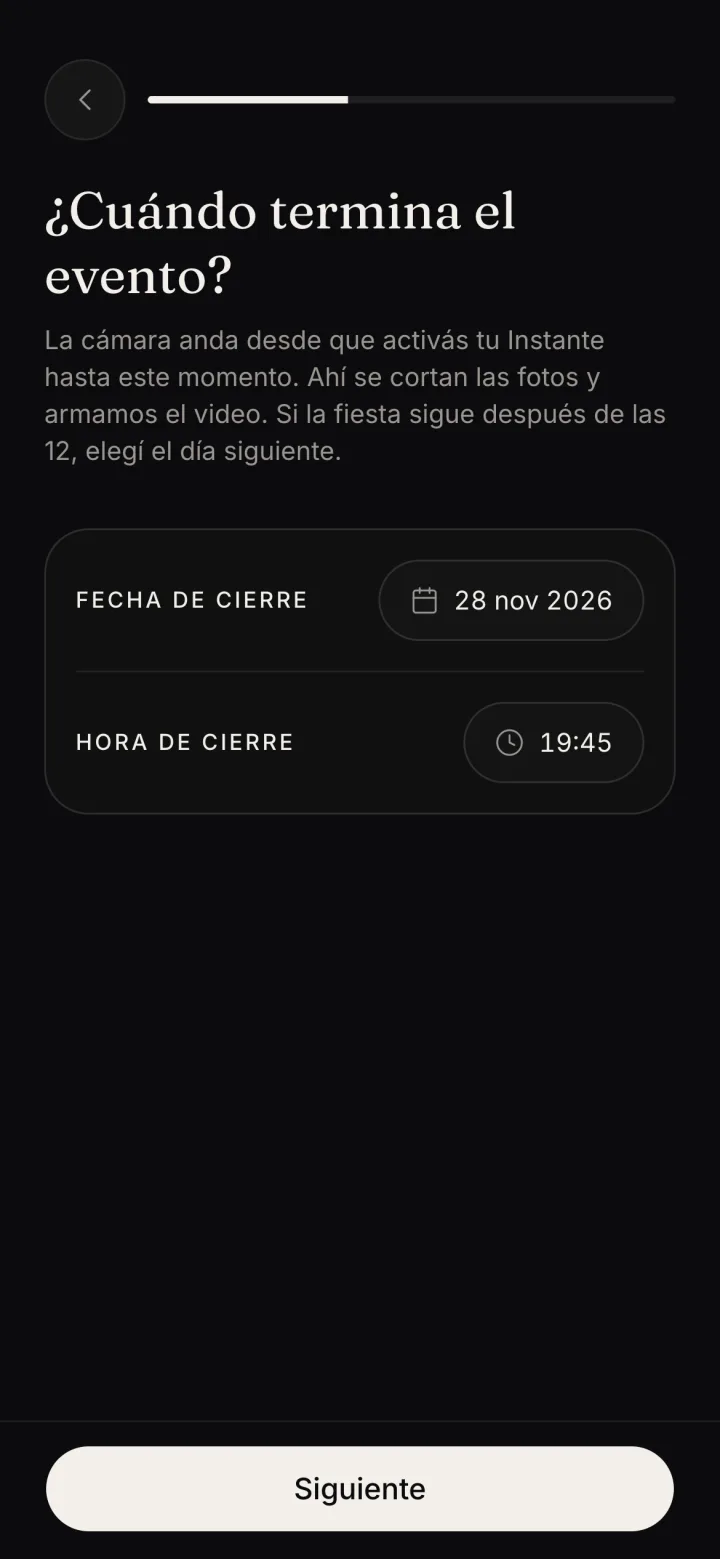La pregunta Cuándo termina el evento, con la fecha y la hora de cierre