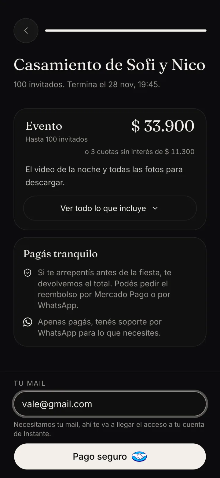 El resumen del pedido con el mail y el botón Pago seguro