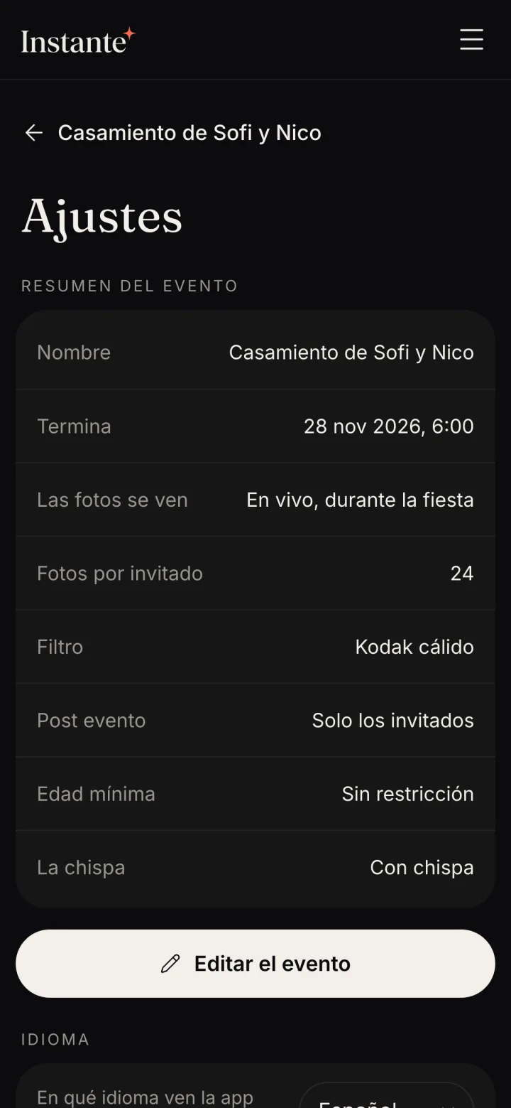 El resumen del evento con el botón Editar el evento