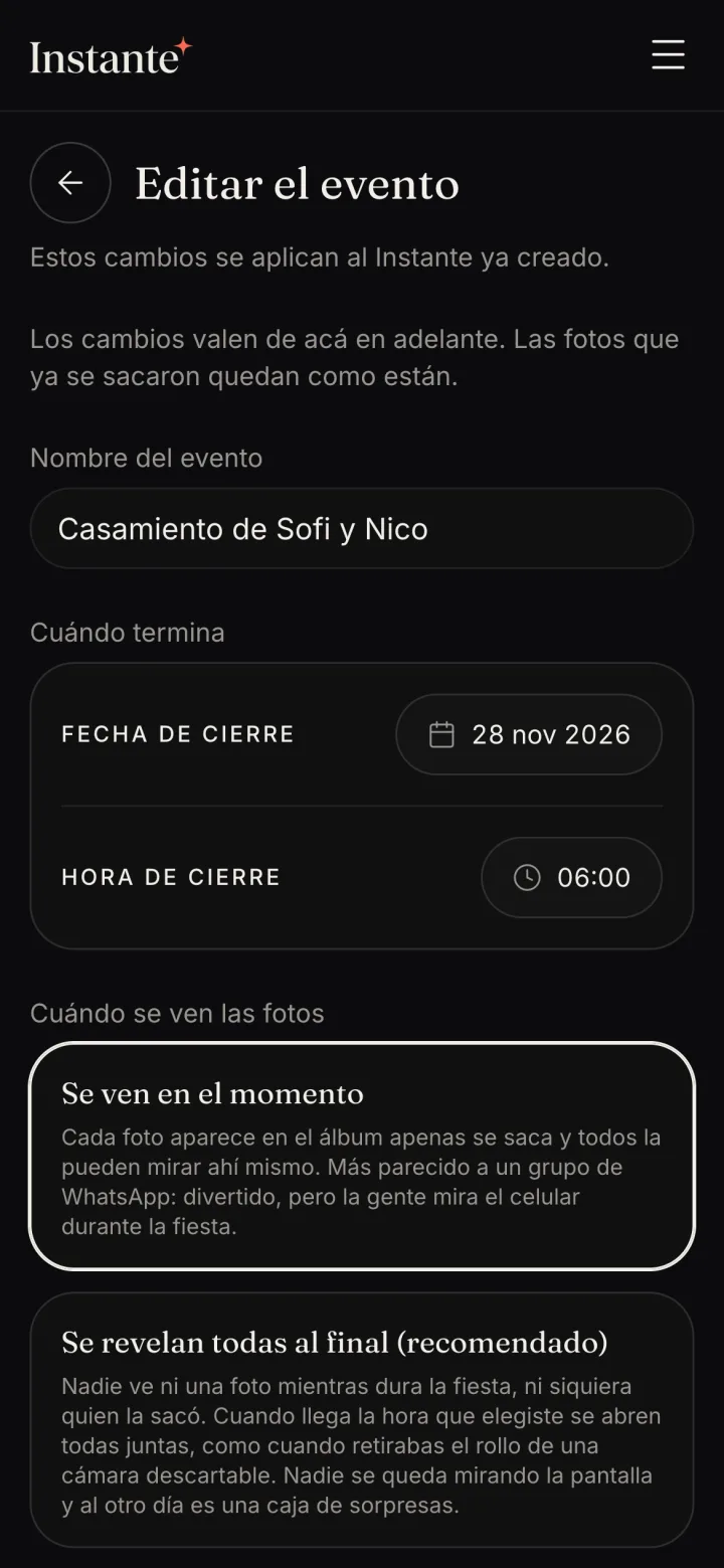 Las dos opciones de Cuándo se ven las fotos