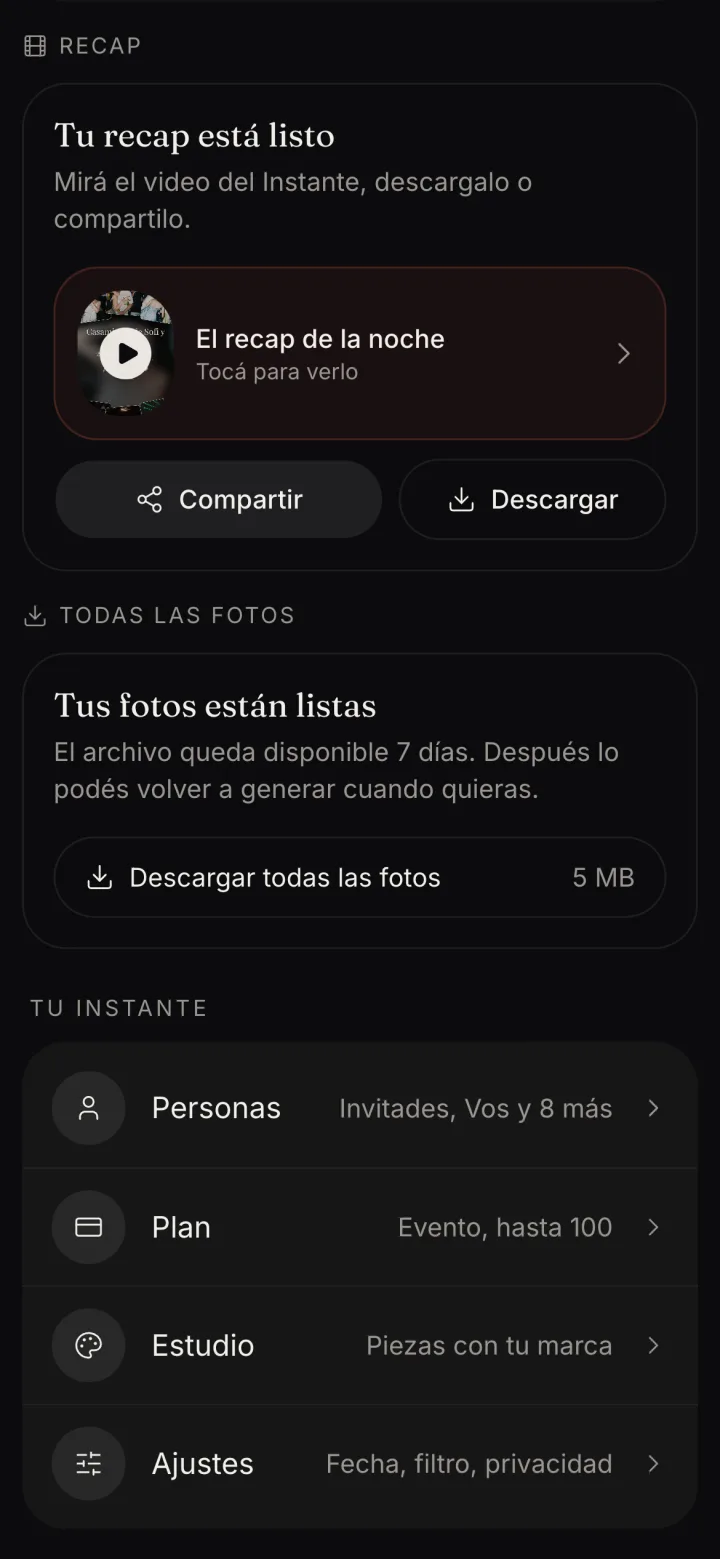 El aviso Tus fotos están listas con el botón de descarga