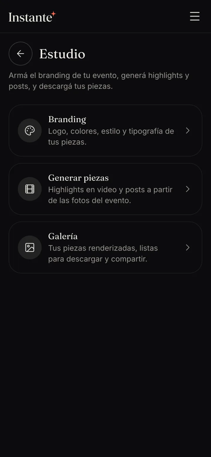 El Estudio con las opciones Branding, Generar piezas y Galería