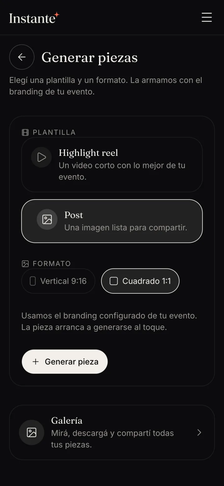 La pantalla Generar piezas con Post y Cuadrado 1:1 elegidos