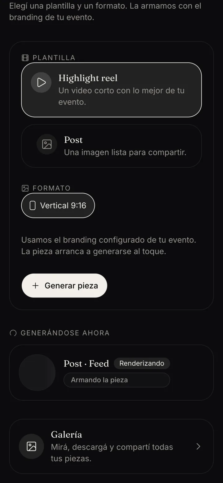La sección Generándose ahora con una pieza en curso