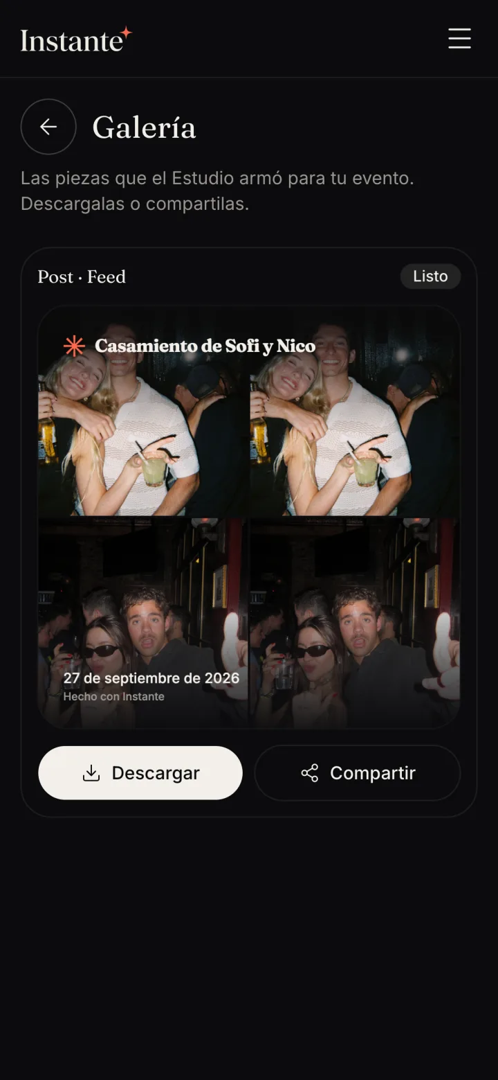La Galería con un post listo y los botones Descargar y Compartir