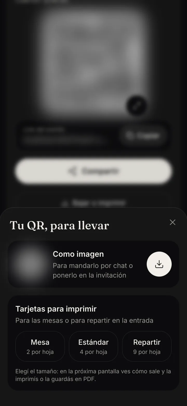 La ventana Tu QR, para llevar, con los tamaños Mesa, Estándar y Repartir