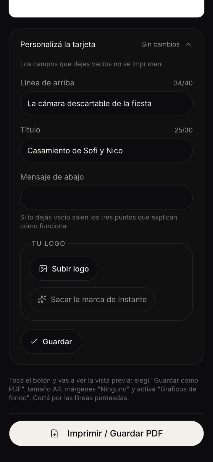 La sección Personalizá la tarjeta, con los campos y el botón Subir logo