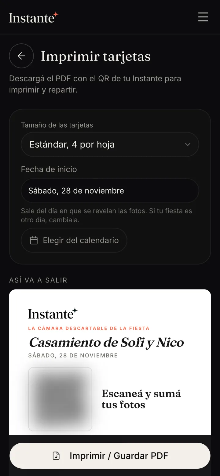 La vista previa de la tarjeta con el botón Imprimir / Guardar PDF