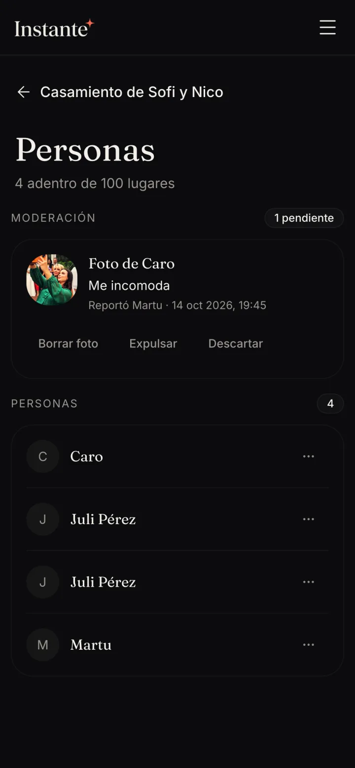La sección Moderación con las opciones Borrar foto, Expulsar y Descartar