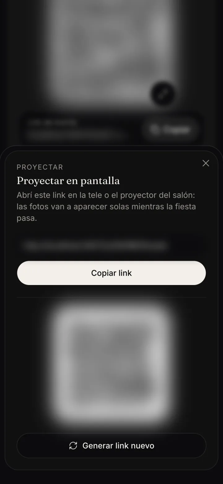 La ventana Proyectar en pantalla, con el link y el QR